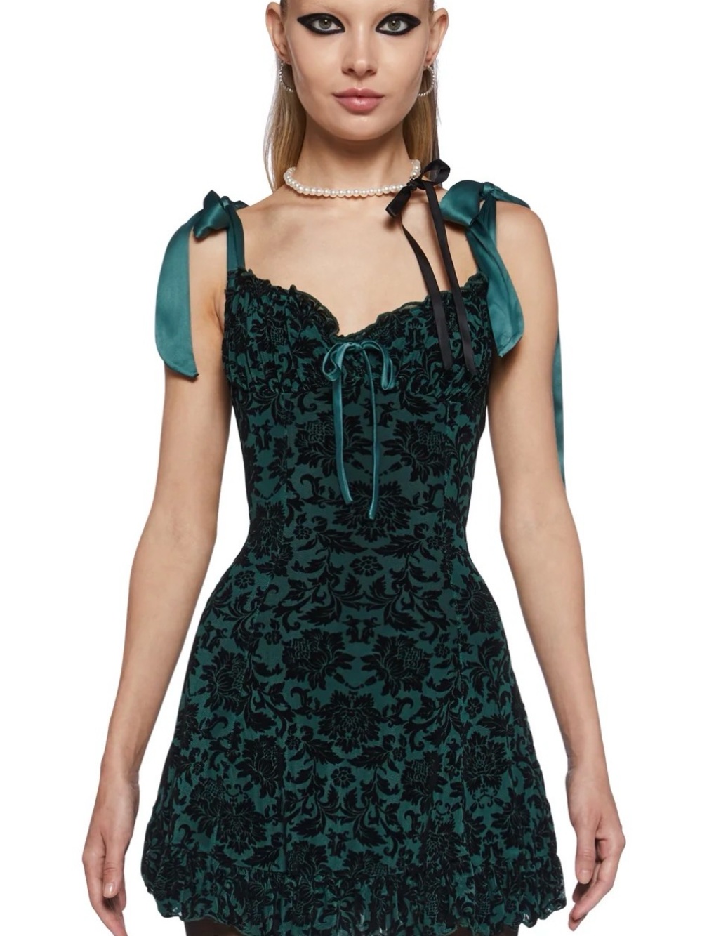 Sugar Thrillz Teal and Black Floral Velvet Tie-Shoulder Mini Dress